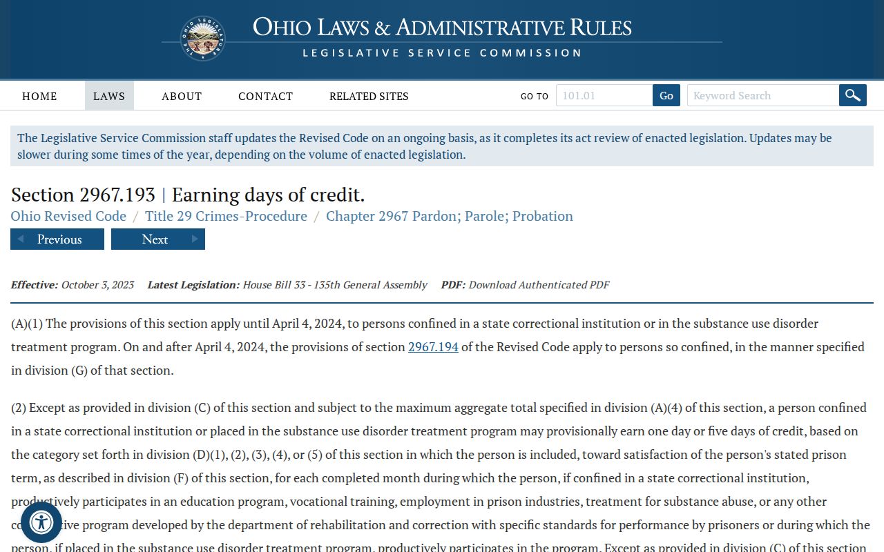 Ohio earned-credit law for Shelby County projected release dates